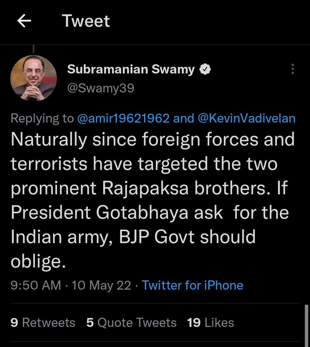 This clown <a href="/Swamy39/">Subramanian Swamy</a> and Rajapaksas <a href="/PresRajapaksa/">Mahinda Rajapaksa</a> <a href="/GotabayaR/">Gotabaya Rajapaksa</a> are TERRORIST, who are threat for both Sri Lanka’s and India’s national security. Arrest them all!!! <a href="/narendramodi/">Narendra Modi</a> <a href="/PMOIndia/">PMO India</a> <a href="/BJPLive/">BJP LIVE</a> <a href="/NNHRC1/">NN.HumanRightsCommission</a> <a href="/UNHumanright/">HumanRightsWATCH</a>