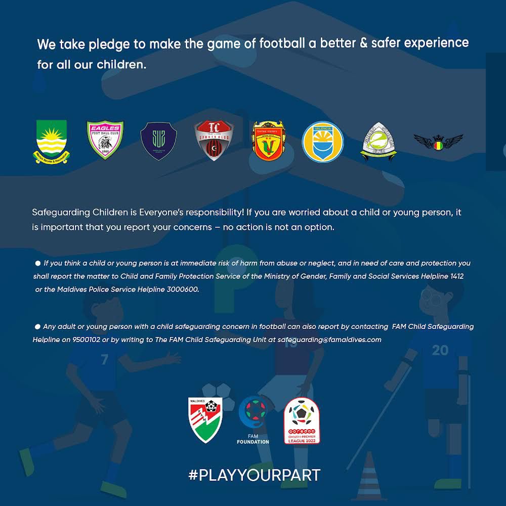 maldivesfacsr's tweet photo. The Football Family is united in its purpose of ensuring that safeguarding is ingrained in all we do, particularly when working with children.
#NationalChildrensDay #PlayYourPart #FAMChildSafeguardingProgramme #ChildSafeguardingPledge #SafeInFootball #NCD2022 https://t.co/G6CDTfLmP0