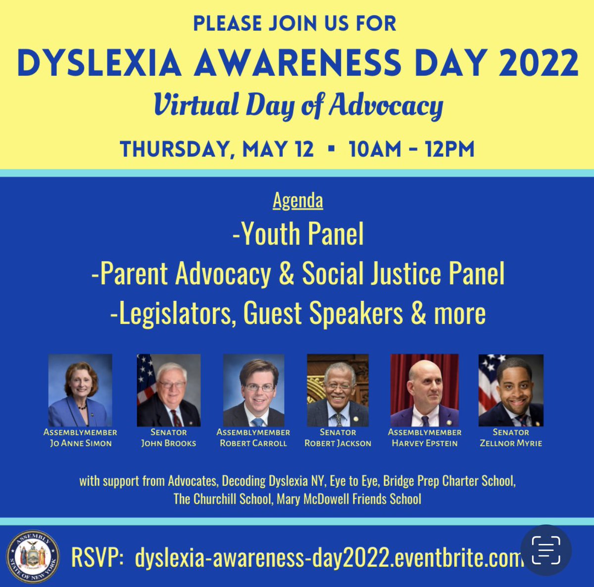 Join us for Dyslexia Awareness Day!
Hear from young adults (Eye to Eye student!), parents, advocates, and legislators as they build support for people with dyslexia and LD, and feature legislative solutions. RSVP for this free, virtual event: …exia-awareness-day2022.eventbrite.com