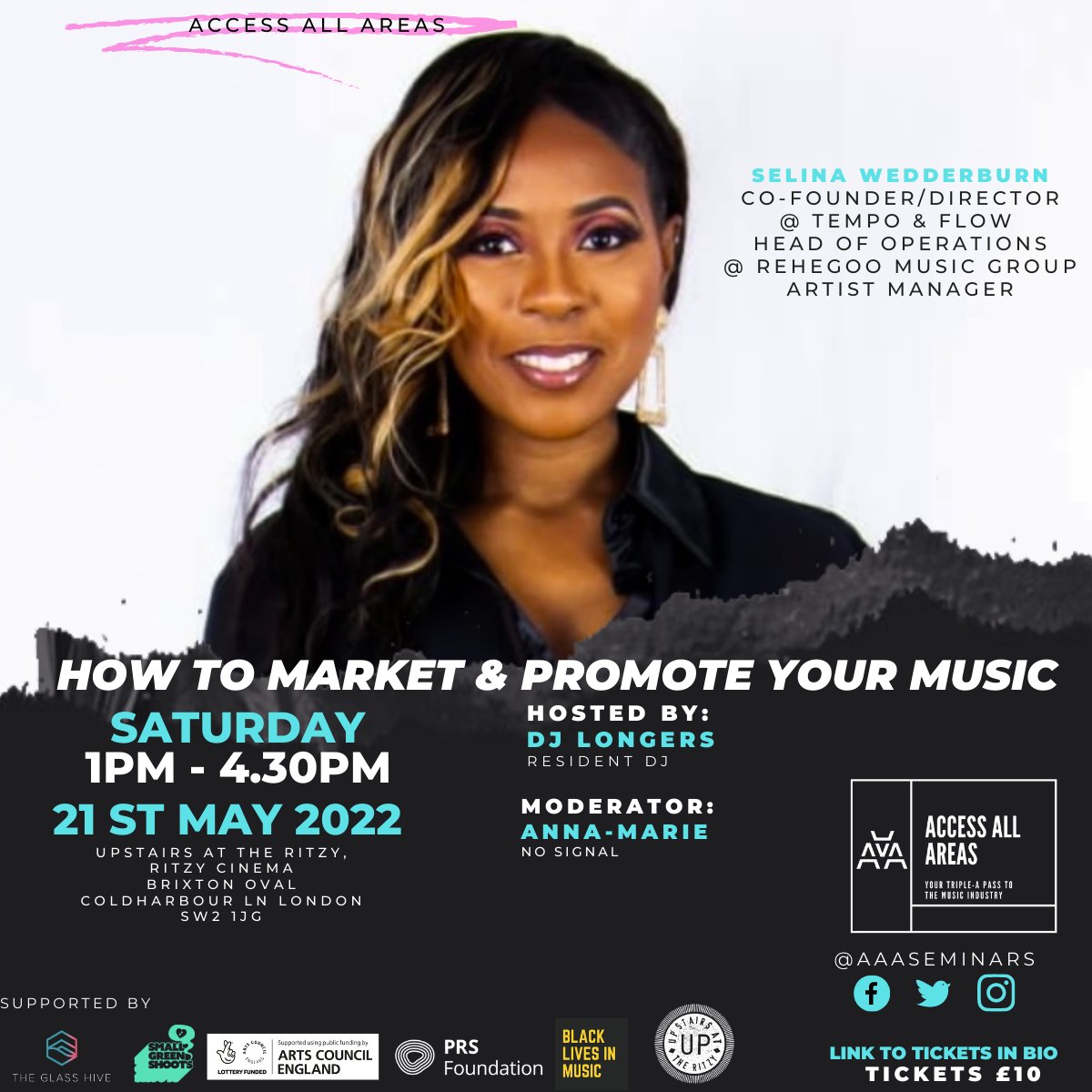 AAAseminars's tweet photo. #AccessAllAreas Sat May 21 ''How To Market &amp; Promote Your Music"  @UpstairsRitzy 

Hosted by @DJLongers &amp; moderated by @annamariedee_ 
 
Our 3rd panellist is #SelinaWedderburn Head of Operations   @RehegooMusic 
 
 Tix are selling fast, just £10+BF via: https://t.co/BdwBRxgE9V https://t.co/DvOFKbyhJC