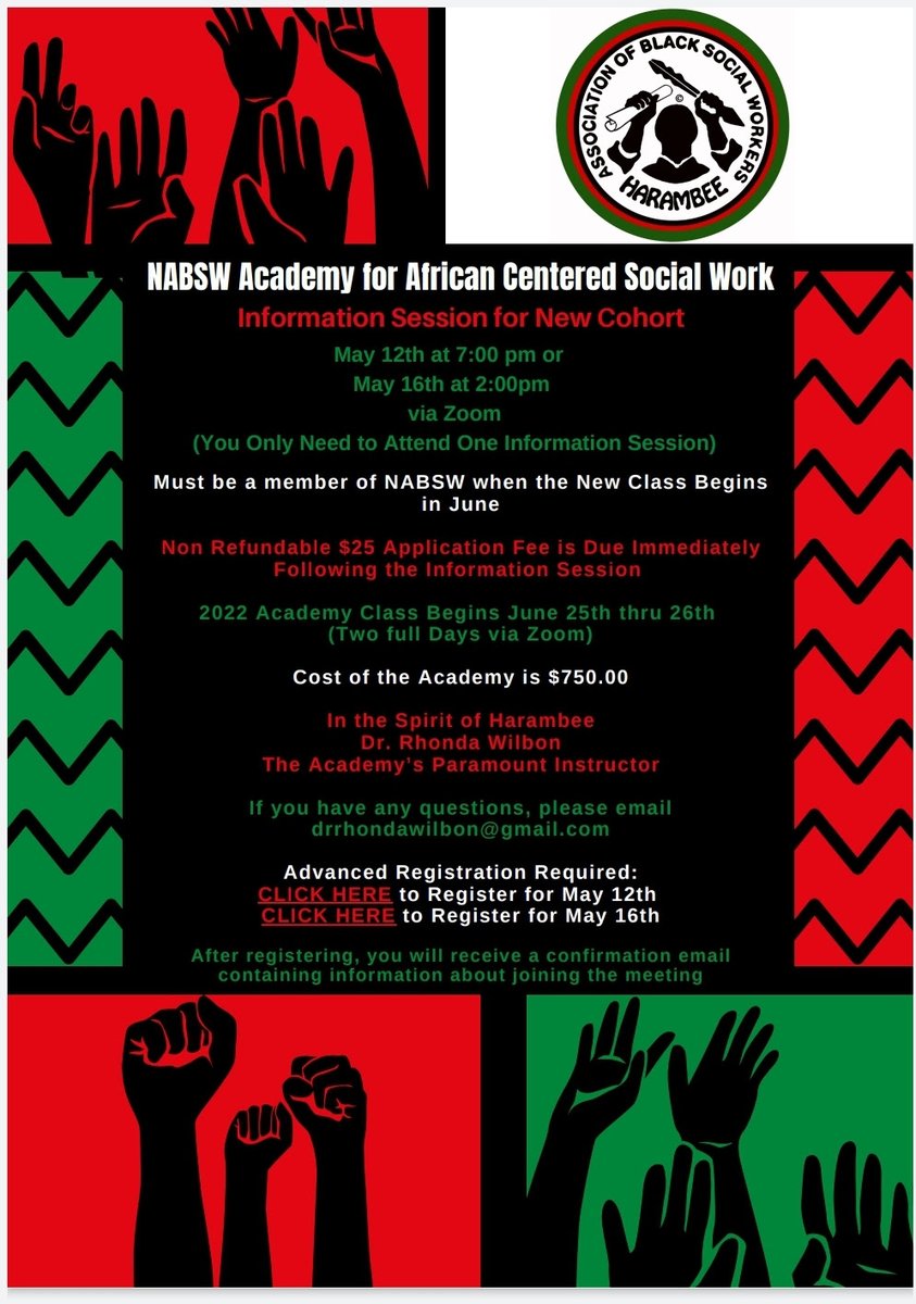 NABSWofficial's tweet photo. Join us for our
NABSW Academy for African Centered Social Work Information Session for New Cohort 
May 12th at 7:00 pm or
May 16th at 2:00pm
Begins in June
Register for May 12th
Advanced Registration Required:
https://t.co/3zVQ07MFkl
Register for May 16th
https://t.co/Wb76tjkwpm https://t.co/wKfVprCPP6
