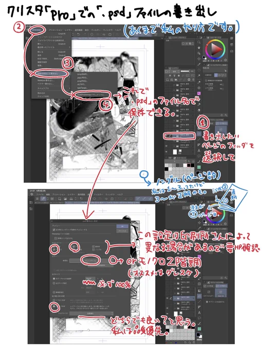 クリスタ proでの「.psd」形式の書き出し方法を作ったんで載せます。
自己流なので悪しからず(今はEXにしてしまいました。。)
最後のは主線を濃グレーの墨で描いてしまって点線になってしまった例です。
違ったらごめんネ。。 