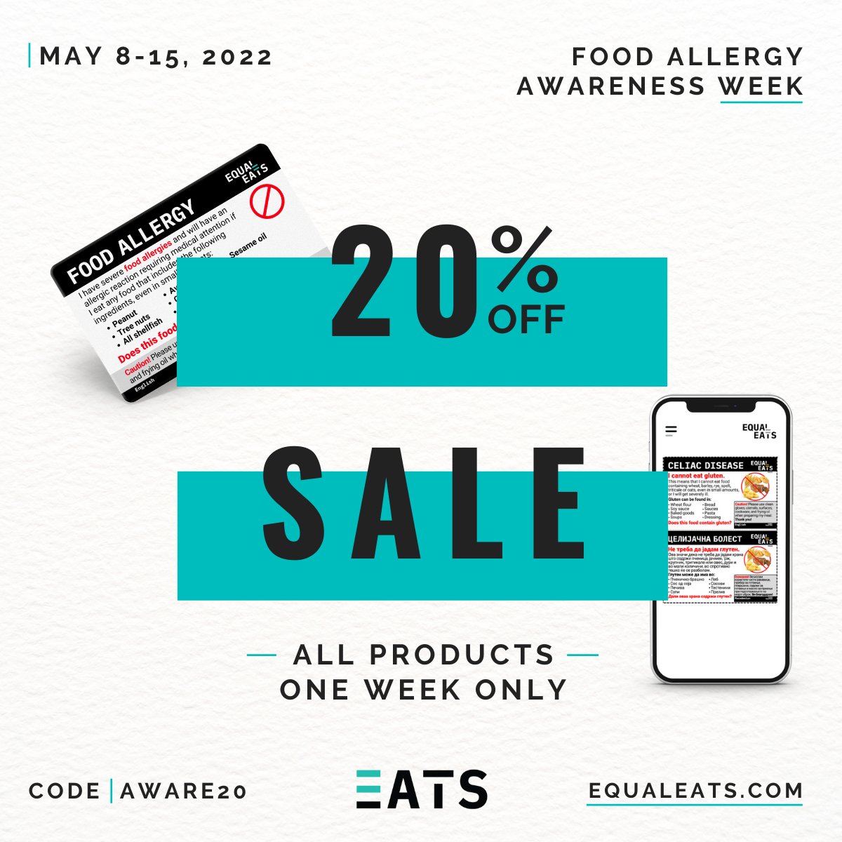 It’s here! Our 20% site wide sale to celebrate Food Allergy Awareness Week!

It’s a great time to stock up for your summer + future travel plans.

Use the code: AWARE20 to get 20% off your entire order until Sunday, May 15.  equaleats.com/discount/AWARE…
