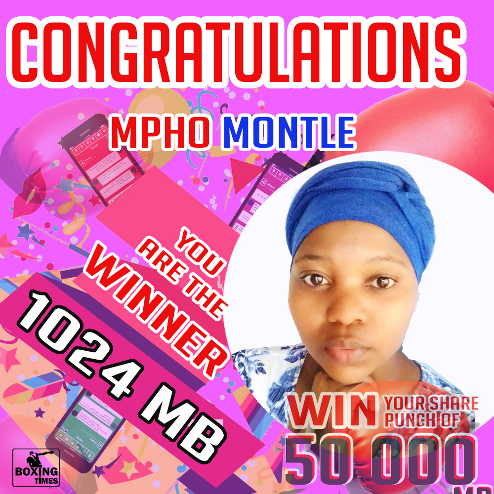 boxing_times's tweet photo. Congratulations to Mpho Montle WINNER of our exciting Boxing Times TV - "WIN YOUR SHARE PUNCH OF 50 000 MB DATA" contest. Remember Subscribe, Like &amp; Share!!! #BoxingTImesTV #WINDATA https://t.co/n0CLvMmxsl