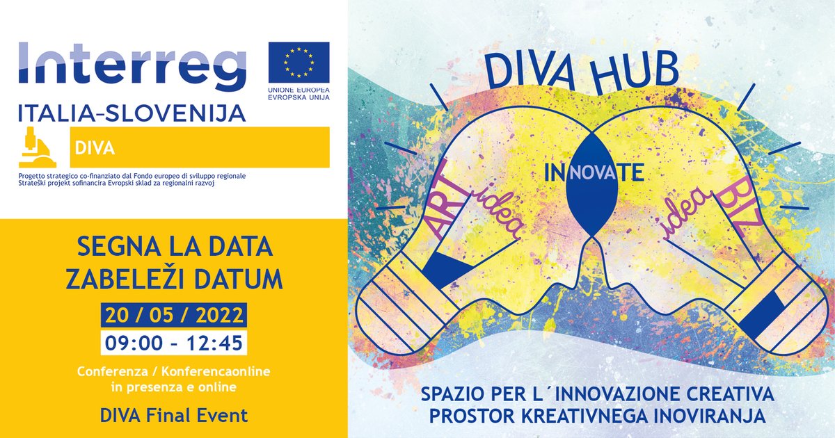 diva_borderless's tweet photo. 📢SAVE THE DATE‼️
🇮🇹 Il 20 maggio, dalle 9.00 alle 12.45📅, si terrà l'evento finale del progetto @InterregITASLO DIVA. Stay tuned!😀
🇸🇮 20. maja od 9:00 do 12:45📌 se bo odvijal zaključni dogodek projekta @diva_borderless. Več informacij sledi.😀 https://t.co/DqEtBuVCcb
