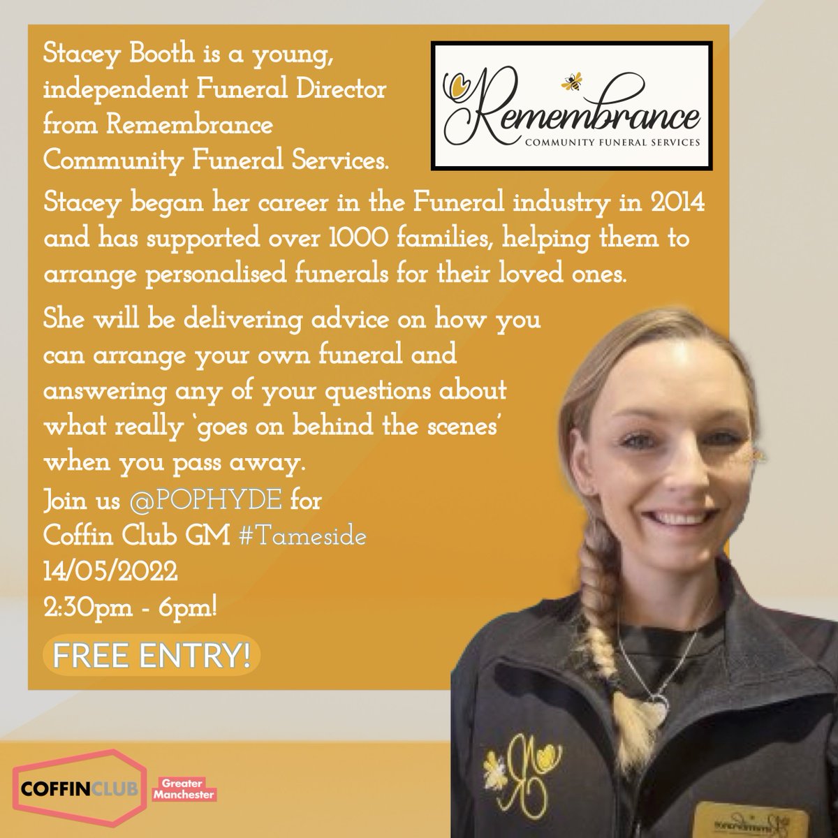 CoffinClubGM's tweet photo. @RemembranceGLTD  will be speaking at our event this Saturday 14/05/2022.

@CorpPOPHyde

 2:30pm - 6pm #FreeEntry #Tameside #GreaterManchester #Manchester #CoffinClub https://t.co/exL1kQtnZI