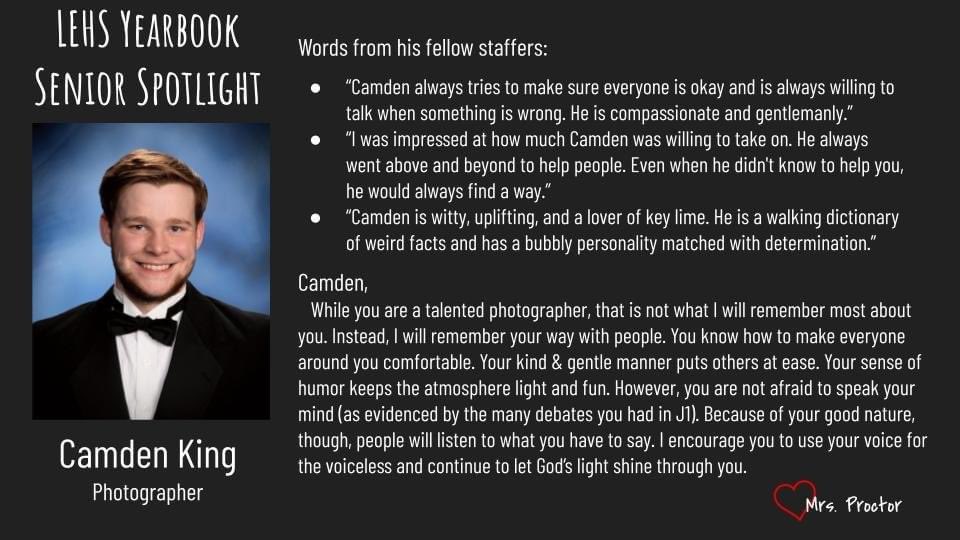 Hey <a href="/LEHSDemons/">Lugoff-Elgin High</a>, it’s time to spotlight our senior yerds! Please help me celebrate Camden King, one of our senior photographers!
