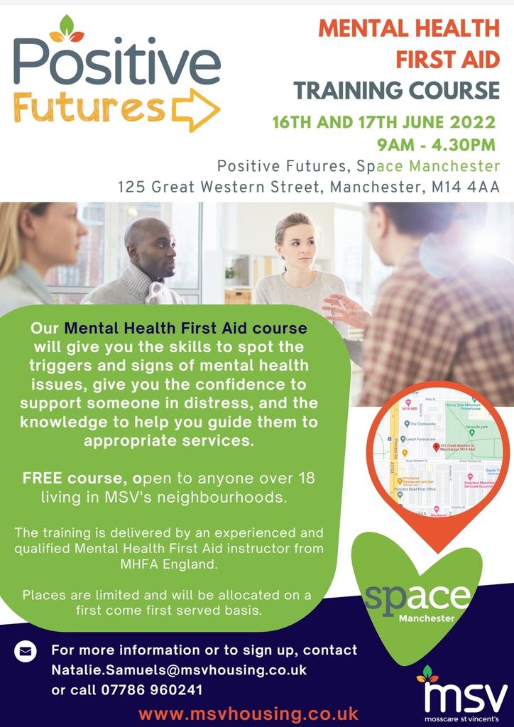 NatalieMsv1's tweet photo. FREE COURSE - Mental Health First Aid Training Course. 2 Day - 16th &amp; 17th June 2022. @MSVPositiveFutures. Contact me for more info natalie.samuels@msvhousing.co.uk or call me on 07786 960241.
#mentalhealthawareness #Training #newskills #wellbeing https://t.co/v2mnpj7cca