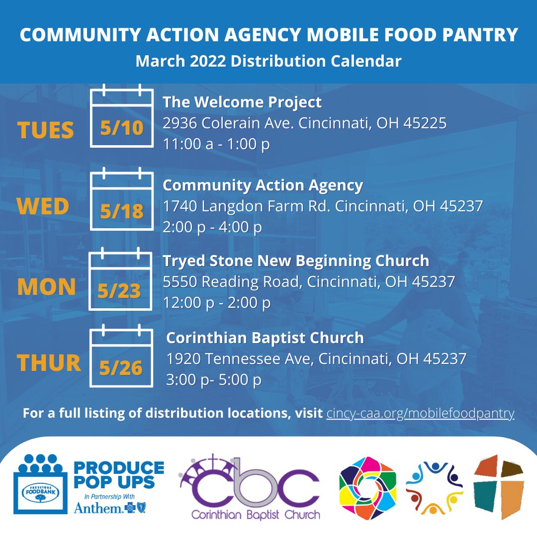 CincyCAA's tweet photo. Here is a look at our food pantry dates for May. Join us TODAY, Tuesday, May 10, at The Welcome Project (2936 Colerain Ave., 45225) for FREE groceries from 11 am-1 pm. All are welcome! Please help us spread the word! #CommunityActionWorks #ProducePopUp #MobileFoodPantry https://t.co/QArBNiBHgj