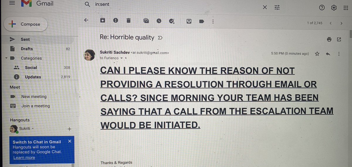 Sachdev_Sukriti's tweet photo. Yet another email ! Which for sure will be left unanswered ! Not at all customer centric…How can u ignore so many requests? @FURLENCO @FurlencoSupport 
@AjithKarimpana I must say the teams are least bothered to respond! &amp; that too multiple times ! https://t.co/1NCrBuXr66