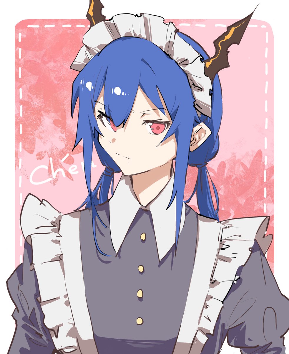 ch'en (arknights) 1girl horns solo blue hair maid dragon horns maid headdress  illustration images