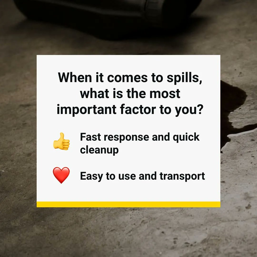 SpillFixUSA's tweet photo. When it comes to spills, what is the most important factor to you?

👍 Fast response and quick cleanup 
❤️ Easy to use and transport https://t.co/DBLLm0ErAK