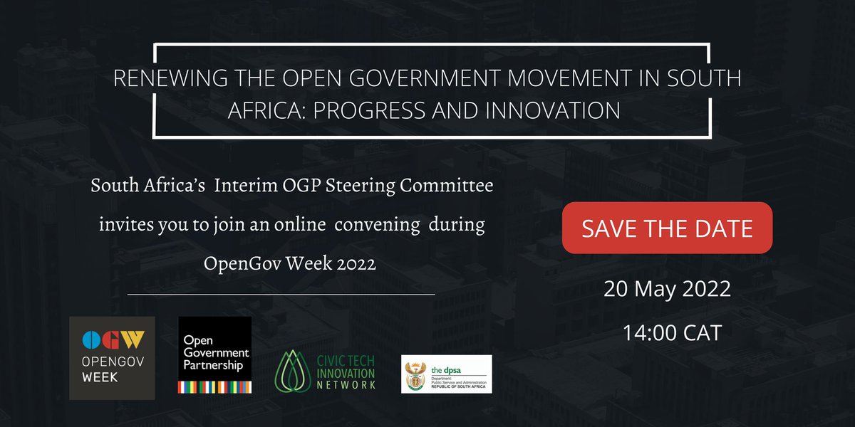 We'll be joining the #SouthAfrica @opengov Steering Committee, @thedpsa, @opengovpart and @CivicTechAfrica for a vibrant discussion to take #opengovernment forward. Come along - 20 May!
