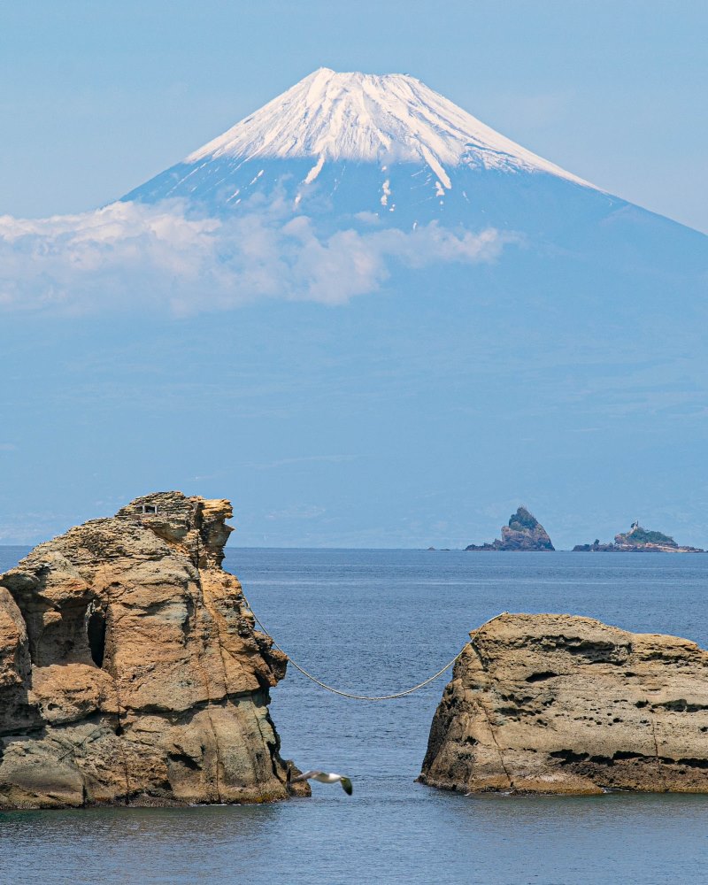 雲見海岸からは今日も美しい富士山景色。 5月。富士山の雪帽子もだんだん浅くなってきました。