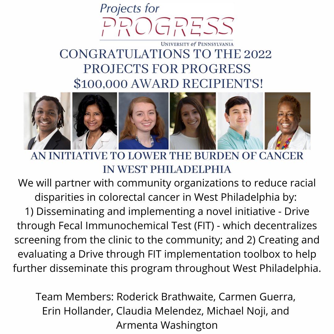 SECPenn's tweet image. Congratulations to the 2022 Projects for Progress $100,000 award recipients!

An initiative to lower the burden of cancer in West Philadelphia 

Roderick Brathwaite, Carmen Guerra, Erin Hollander, Claudia Melendez, Michael Noji, and Armenta Washington,