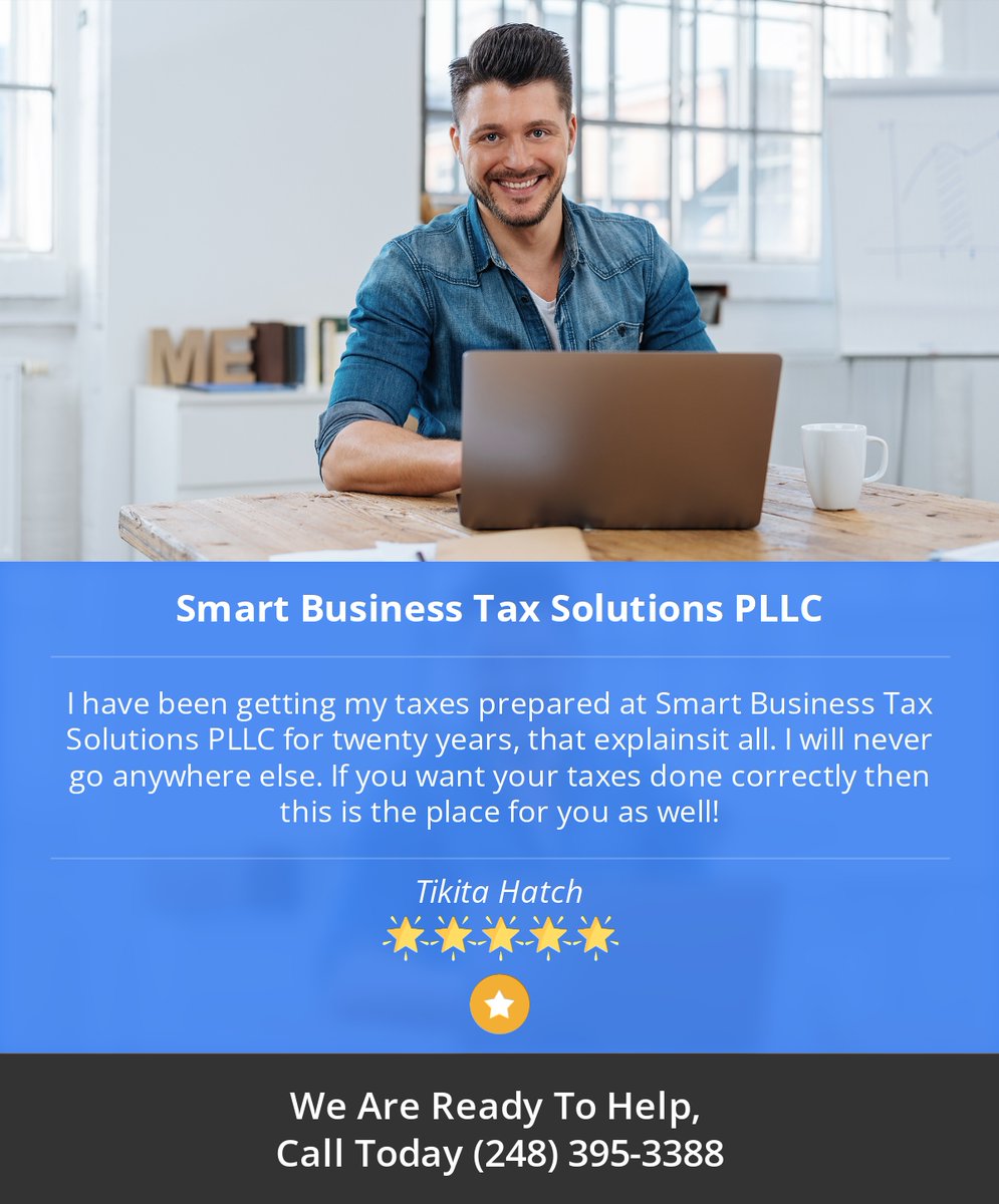 taxpros's tweet photo. 5 Star: Tikita H. "I have been getting my taxes prepared at Smart Business Tax Solutions PLLC for twenty years,  that explainsit all...." https://t.co/hsA6zL7Y2C