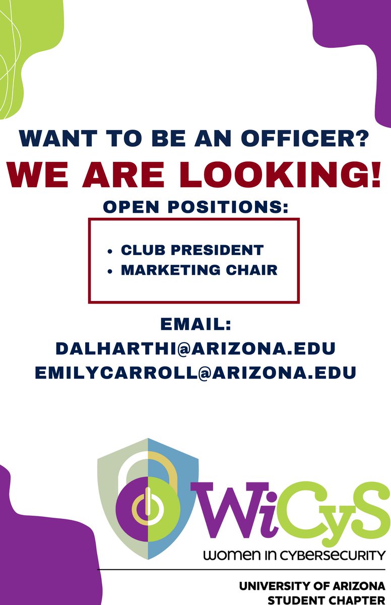 We are looking for officers! Are you interested? Go ahead and email Professor Alharthi and Professor Carrol with questions and applications!

#wicys #womeincyber #wildcats