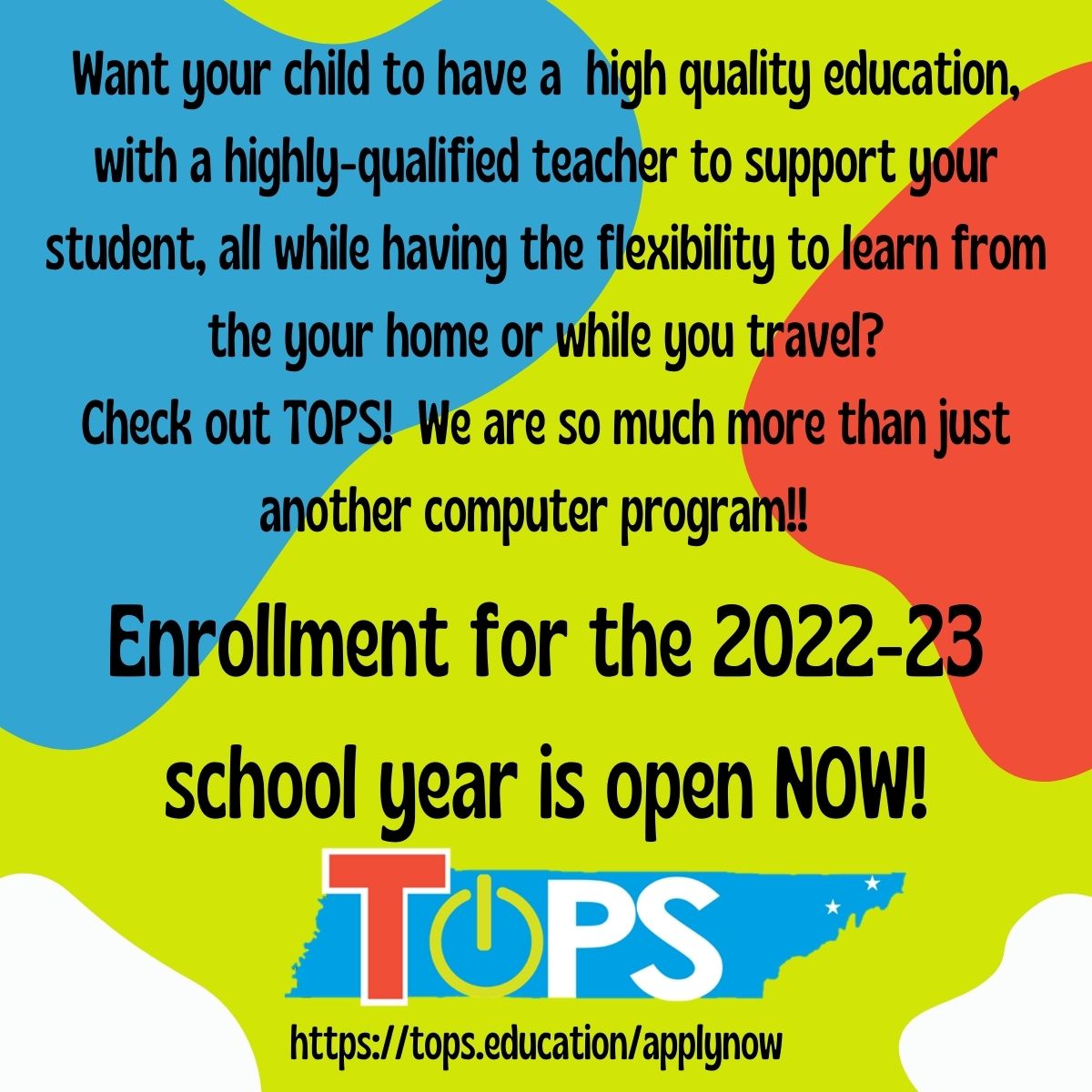 TOPS is a 100% virtual school serving grades K-12 across the state of TN. It is our mission to provide a flexible and rigorous online learning environment where all students feel safe and are free to pursue their passions. 
#tntops #highqualityonlinelearning #tnpublicschool