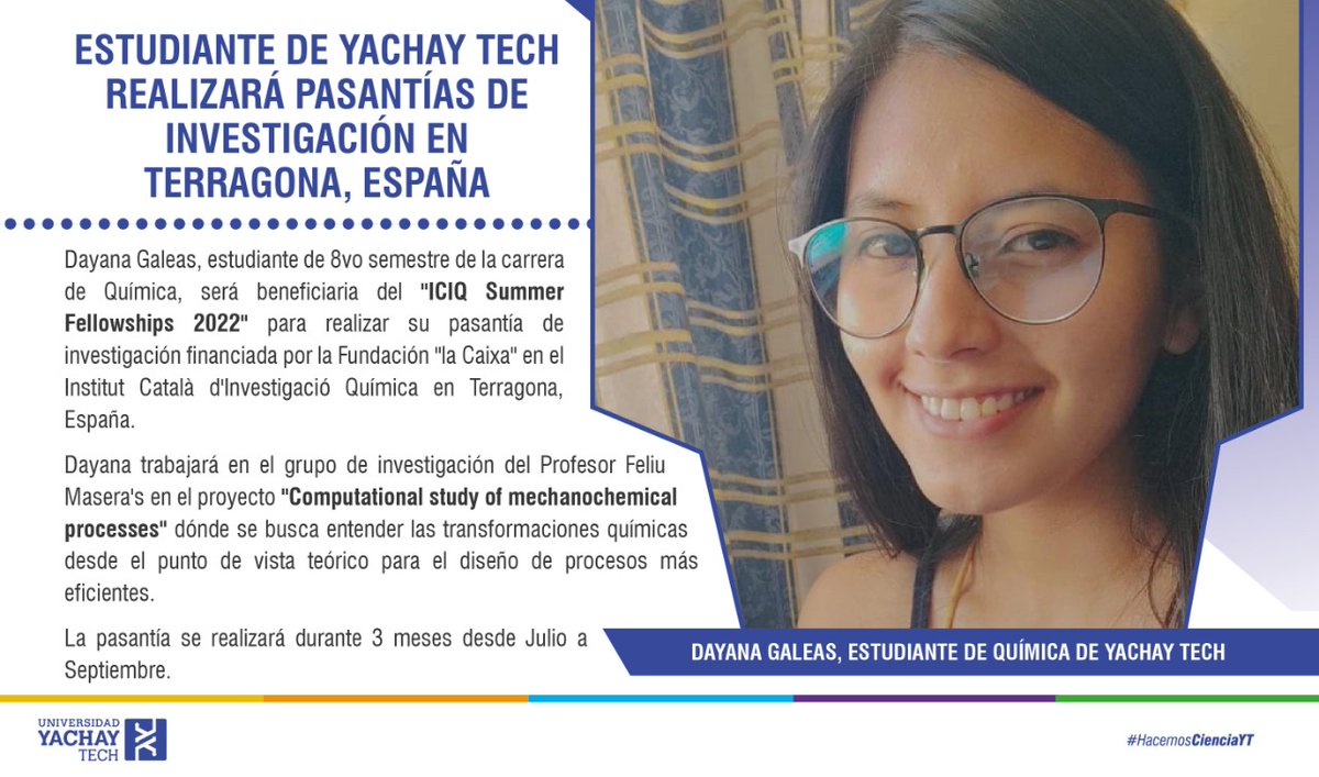 UniYachayTech's tweet photo. #Nota|🛑 Dayana Galeas, estudiante de octavo semestre de la carrera de Química, realizará pasantías de investigación en España. #SomosYachayTech 🌍🔝👩‍🏫🧑‍🔬👨‍🏫👨‍🔬

Lee aquí: ⬇️ https://t.co/p8f721Ms6f