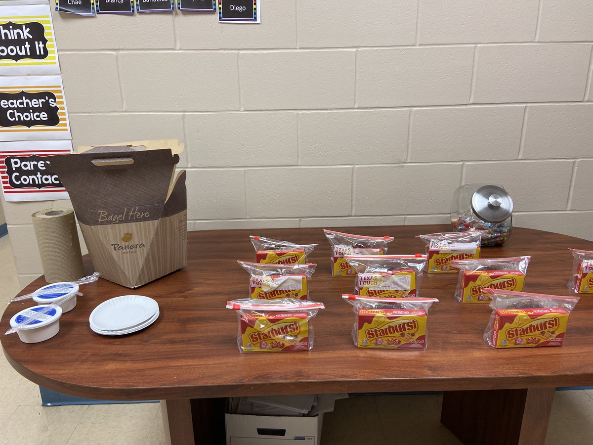 LauraChavs's tweet photo. STAAR breakfast for testing administrators as well as treats: Starbursts and star crunch ⭐️ https://t.co/ZNUBpBNDRO