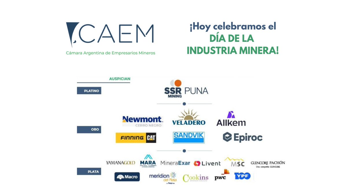 #DiadelaIndustriaMinera2022 Auspician:
SSR Puna Mining,<a href="/MinaVeladero/">Veladero</a> <a href="/NewmontCorp/">Newmont Corporation</a>  @Allkemltd <a href="/FinningCat/">FinningCat</a> <a href="/Sandvik_Mining/">Sandvik Mining</a> <a href="/epirocgroup/">Epiroc</a>  @YamanaGoldInc  <a href="/ProyectoMara/">Proyecto MARA</a> Minera Exar, <a href="/LiventCorp/">Livent</a> @proyectoelpachon, <a href="/bancomacro/">pruebamacr3</a> Meridion del Plata, Cookins, <a href="/PwC_Argentina/">PwC Argentina</a> <a href="/YPFoficial/">ypfoficial</a>
