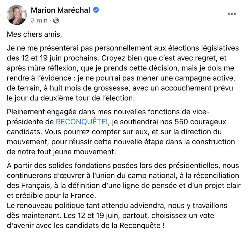 Mes chers amis, 
Je ne pourrai pas me présenter personnellement aux élections #législatives2022 des 12 et 19 juin prochains. Mais je ferai tout mon possible pour soutenir les 550 courageux candidats de <a href="/Reconquete_off/">RECONQUÊTE !</a> ! ⬇️