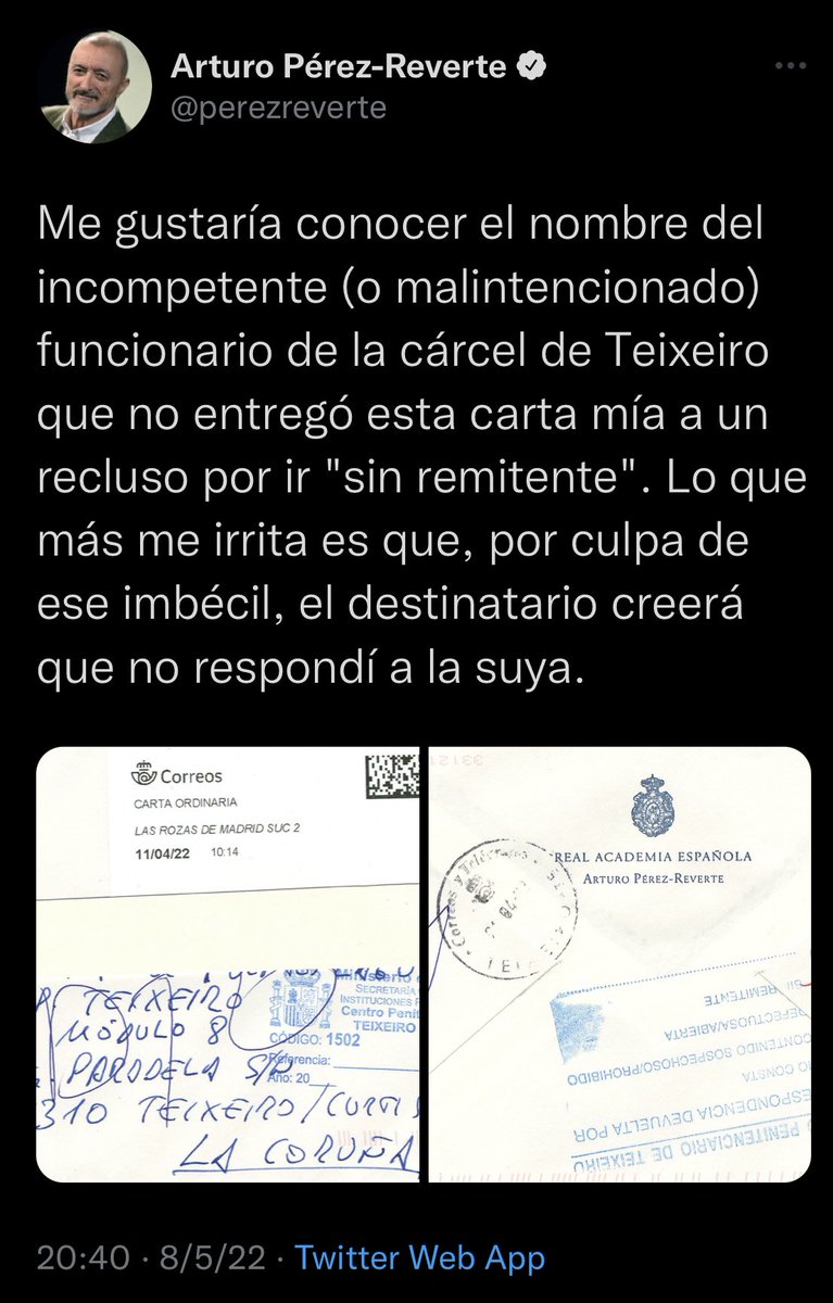 pamplinero's tweet photo. Han reformado el Código Penal agravando las penas y ahora, además de ir a la cárcel, te escribe cartas Pérez-Reverte. https://t.co/cApPiHh8mS