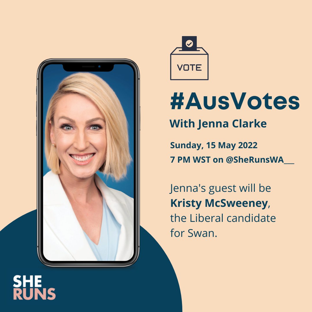 SheRunsWA's tweet photo. Join us this Sunday for one last #AusVotes Instagram Live 🌭 before the #FederalElection. @jennamclarke’s guest will be Kristy McSweeney this week. Tune in at 7pm and don’t forget to DM us your questions for Kristy! 
#StrongWomenContent #AusPol #Campaign #Collaborate #Grow https://t.co/NcgsXI8QW9