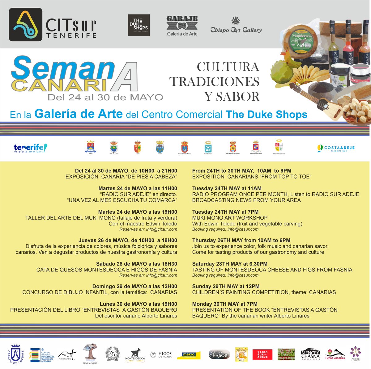 ¡SE ACERCA LA SEMANA CANARIA DEL CIT SUR!
Como les prometimos la semana pasada, les dejamos por aquí 👇el programa detallado con todas las actividades que tendremos del martes 24 al lunes 30 de mayo en el Centro Comercial The Duke Shops; cultura, tradiciones, sabor y...mucho más!