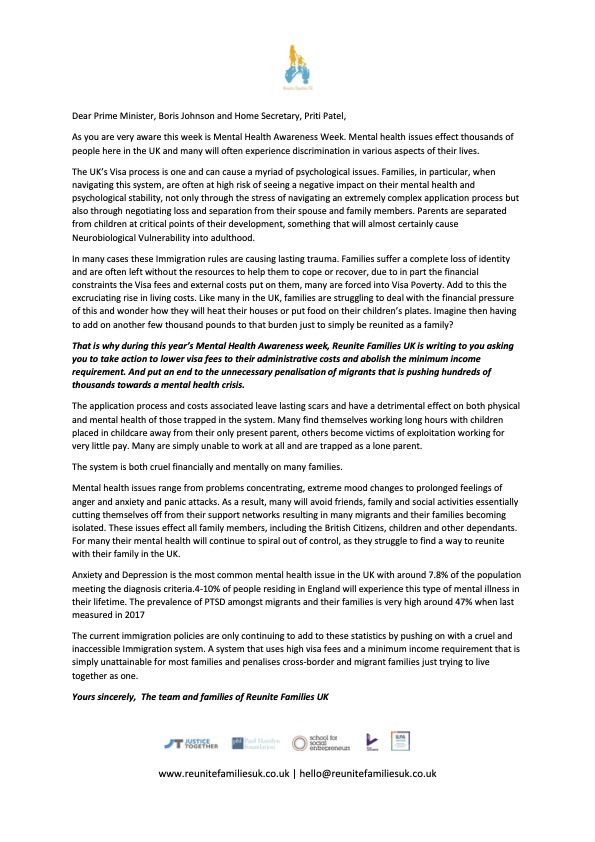 ReuniteDivFamil's tweet photo. #whatstherealcost? 
Please read/re-tweet our Open Letter to @BorisJohnson and @pritipatel this #MentalHealthAwareness week 

Use our template to write to your own MP calling for lower visa fees that are causing poverty and mental health issues for many https://t.co/m3hFblCKvI https://t.co/d4ysO8Xrug
