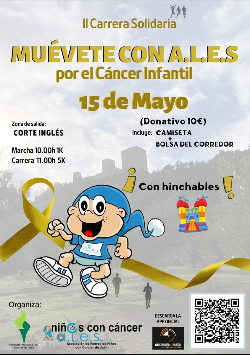 𝐈𝐈 CARRERA SOLIDARIA "MUÉVETE POR EL CÁNCER INFANTIL"
I𝐧𝐬𝐜𝐫𝐢𝐩𝐜𝐢𝐨𝐧𝐞𝐬:  hasta el miércoles día 11 a las 23:59 en  la web cruzandolameta.es/ver/ii-carrera…
¡Anímate y participa!
@ales_jaen
#AyuntamientodeLopera
#Lopera