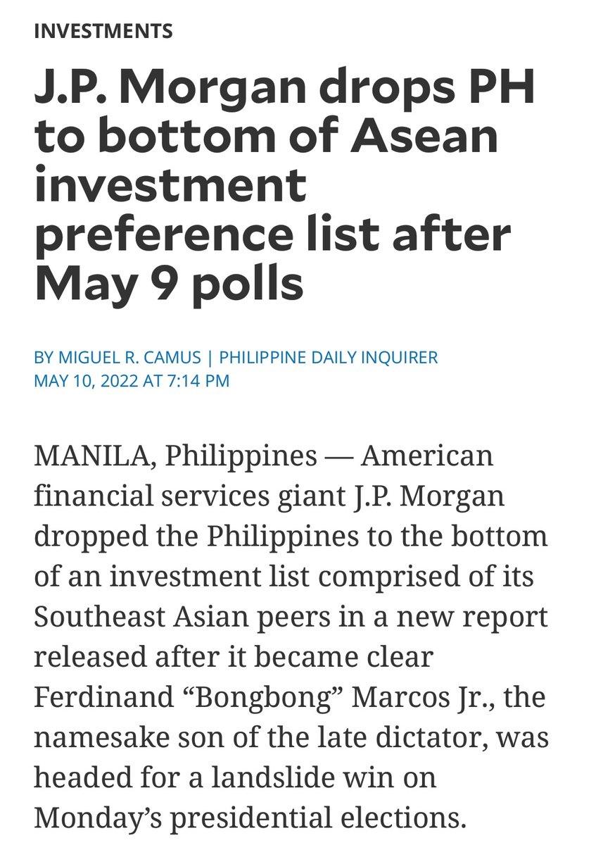 dumidyeypee's tweet photo. American financial services giant J.P. Morgan dropped the Philippines to the bottom of an investment list in a new report released after it became clear Ferdinand “Bongbong” Marcos Jr. was headed for a landslide win on Monday’s presidential elections. https://t.co/4OR6VG7fjK