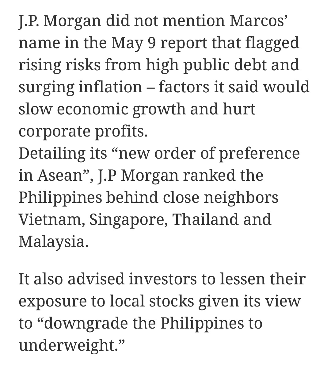 dumidyeypee's tweet photo. American financial services giant J.P. Morgan dropped the Philippines to the bottom of an investment list in a new report released after it became clear Ferdinand “Bongbong” Marcos Jr. was headed for a landslide win on Monday’s presidential elections. https://t.co/4OR6VG7fjK