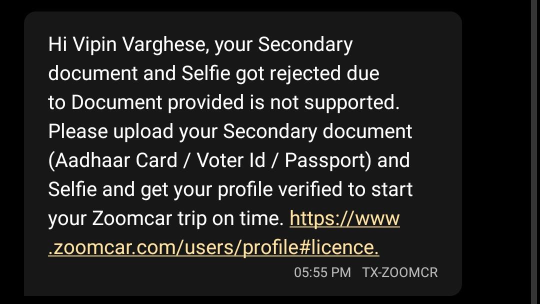 tomvipin's tweet photo. @ZoomCarIndia My Adhaar Pictures for address proof keeps getting rejected saying the document is not supported. Please let me know how I can reach out to customer care since I have a booking for 10Pm tonight https://t.co/LEaXBAjGng