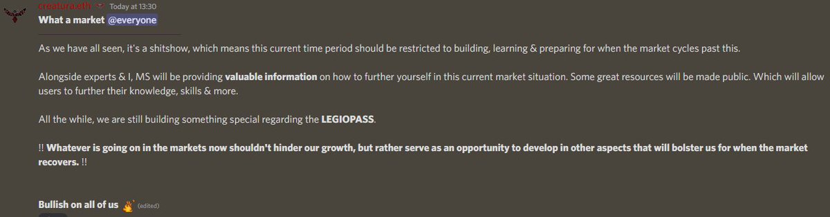 icreatura's tweet photo. "" Whatever is going on in the markets now shouldn't hinder our growth, but rather serve as an opportunity to develop in other aspects that will bolster us for when the market recovers. ""

Pioneering user development. There are opportunities always. https://t.co/3kurjhNOrX