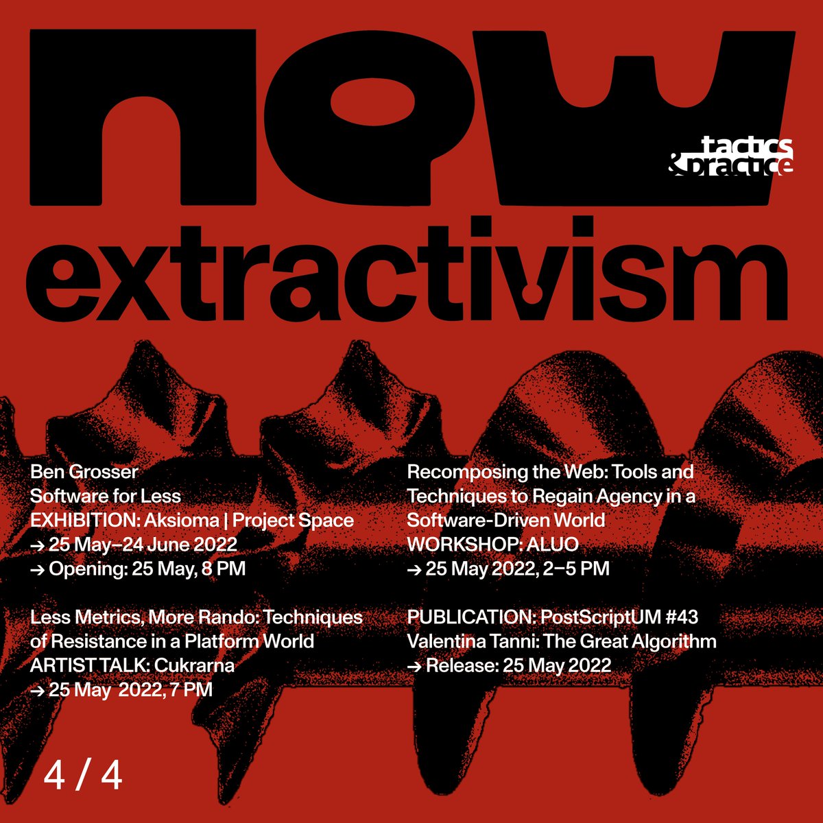 aksiomaorg's tweet photo. Last bundle of events in #NewExtractivism will host artist @bengrosser. Taking place on 𝟮𝟱 𝗠𝗮𝘆 w/ exhibition, artist talk, workshop &amp; new #PostScriptUM essay written by @valentinatanni. More at: https://t.co/dGBnS50bMX

#tacticspractice @ALUOacademy #kons #cukrarna https://t.co/AkdnmKrtrH