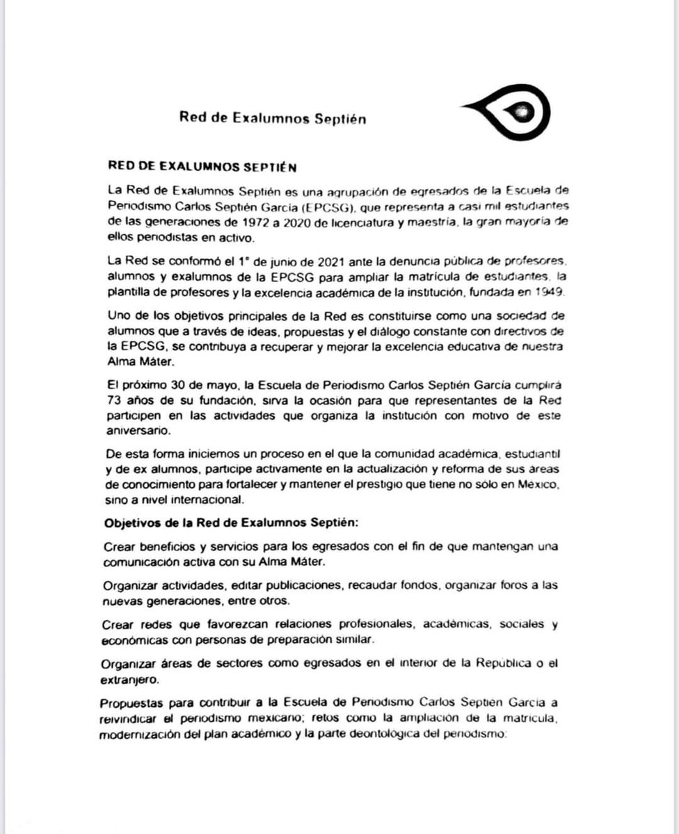 RedSeptien's tweet photo. ¡Buenos días! Les compartimos las propuestas que la #RedDeExAlumnos entregó a la directora de la Escuela de #Periodismo Carlos Septién García, Anallatzin Díaz Alcalá, para su análisis y desarrollo. https://t.co/70bkvm3YFU