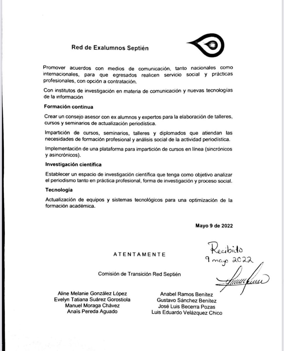 RedSeptien's tweet photo. ¡Buenos días! Les compartimos las propuestas que la #RedDeExAlumnos entregó a la directora de la Escuela de #Periodismo Carlos Septién García, Anallatzin Díaz Alcalá, para su análisis y desarrollo. https://t.co/70bkvm3YFU