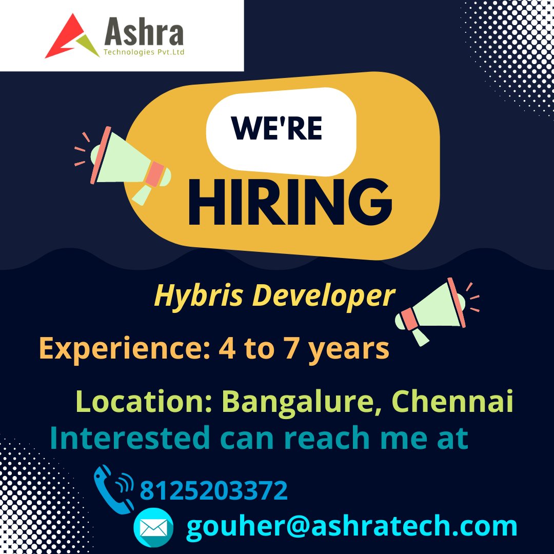 AshratechLLC's tweet image. we&apos;re hiring foe Hybris Developer
#ashratecnologies #hybris #hybrisdeveloper #javaspringboot #AWZ #communicationskills