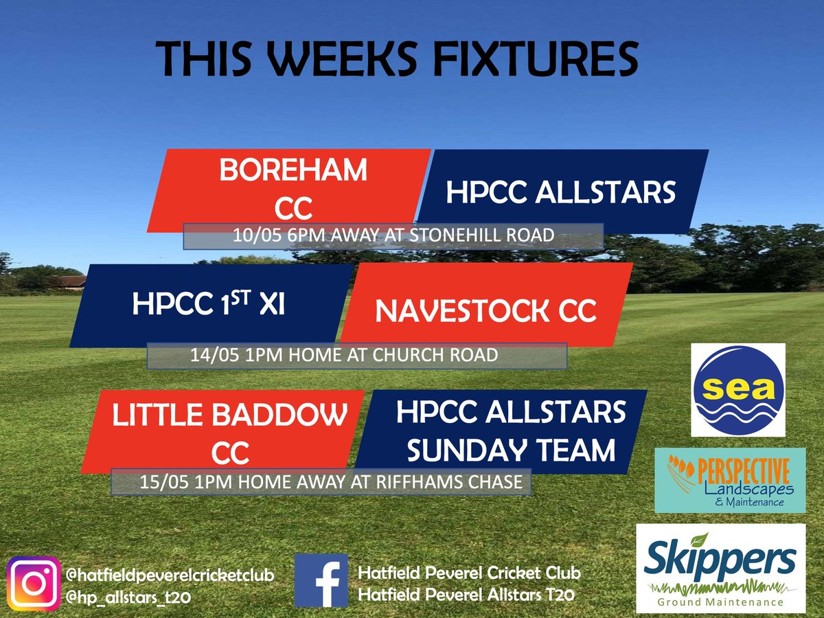 Hatpevcc's tweet photo. Hatfield Peverel Cricket Club
This weeks fixtures
1 game at home this week 💪
#💪 #hatfieldpeverelcricketclub #HPCC #ALLSTARS #uptheallstars #HPCCALLSTARS ##uptheallstars #cricket #playstraightbegreat #cricket #bowling #batting #🏏#adidascricket #greynicolls #pumacricket https://t.co/DVflaLbJV8