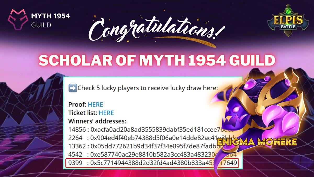 MythGamingGuild's tweet photo. Congratulations! 🎉 Scholar #MYTH05 of @Myth1954Guild  was the lucky winner of Lucky Draw Prize - Raid Boss 3.

Join Raid Boss 4 now ✊ https://t.co/D6BAZbQ2pq

Random 💵$1000💵 Lucky Draw reward for anyone who join Event regardless ranking.

@ElpisBattle $MEG $EBA #scholarship https://t.co/O4uMNu10Bb