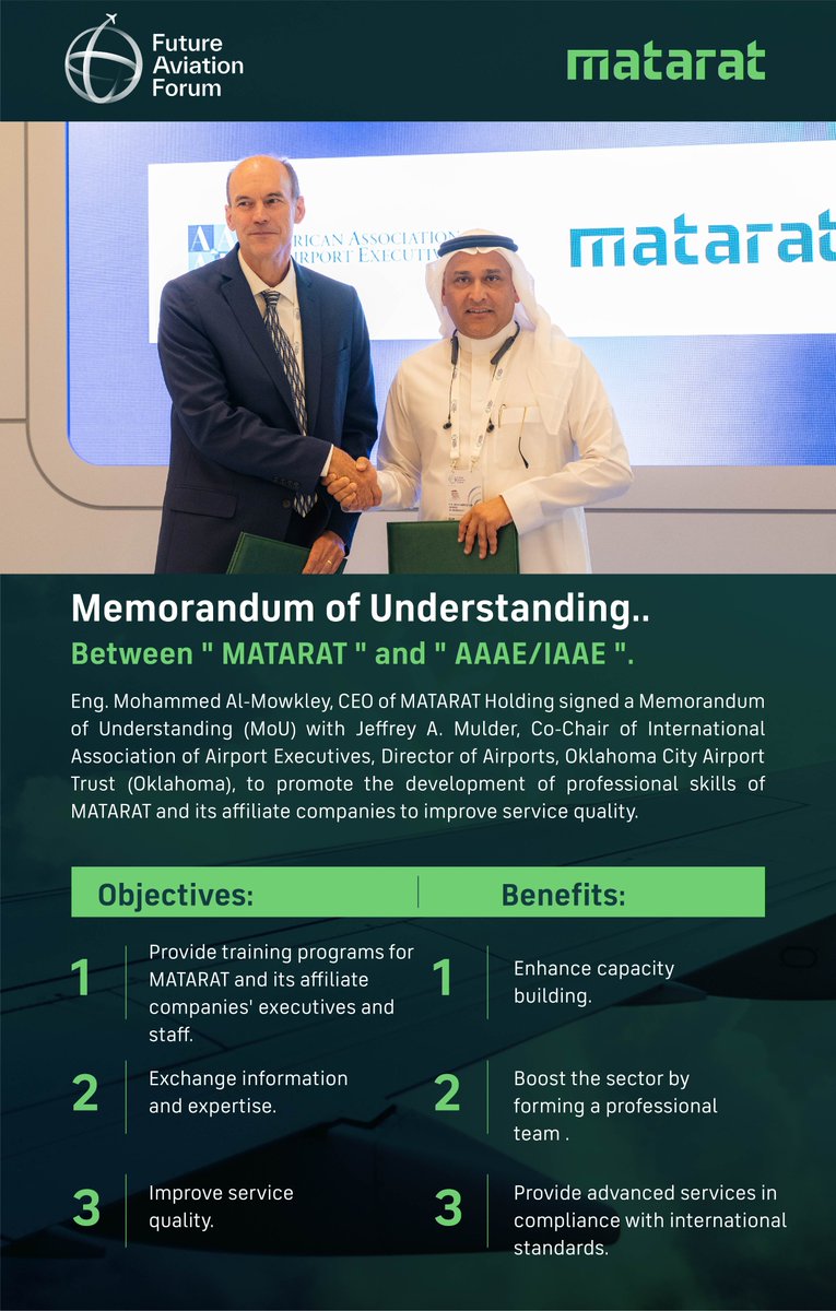 MATARAT_KSA's tweet photo. ✍🏼
#MATARAT signs a Memorandum of Understanding with the American Association of Airport Executives @AAAEDelivers at the #FutureAviationForum. https://t.co/0qwxcF9vsg