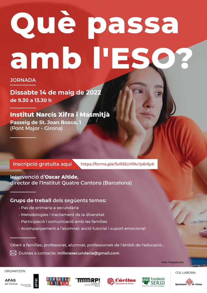 caritasgirona's tweet photo. TREBALL EN XARXA | 🤔 Què passa amb l'ESO?  🗣️ En parlarem i reflexionarem, aquest dissabte, a través de diferents grups de treball. Obert a famílies, professorat, alumnat i professionals 🤗

T'esperem! 😊

📅 14/05
📍 @InsXifra #Girona
✍️ Inscripcions: https://t.co/BohBqpEBjT https://t.co/lBBEtq19qm