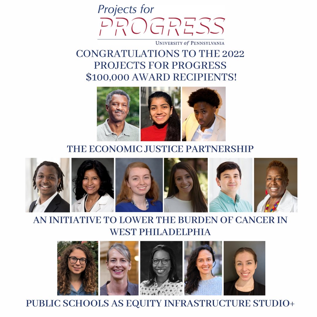 SECPenn's tweet image. Congratulations to the 2022 Projects for Progress $100,000 award recipients!

Public Schools as Equity Infrastructure Studio+ 
Team Members: Anna Balfanz, Ellen Neises, Akira Rodriguez, Elinor Williams, Corey Wills,