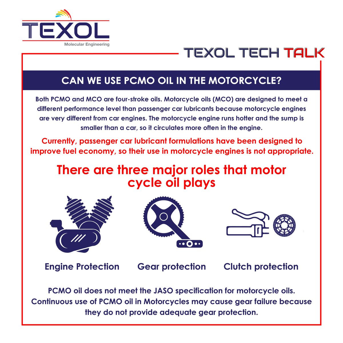 OilcompaniesUAE's tweet image. #texollubritech #TexolTechTalk In this post, we'll discuss the roles of motorcycle oil and explain why PCMO oil shouldn't be used in motorcycle engines. #PCMO #MCO #engineoils #lubricants #engines
