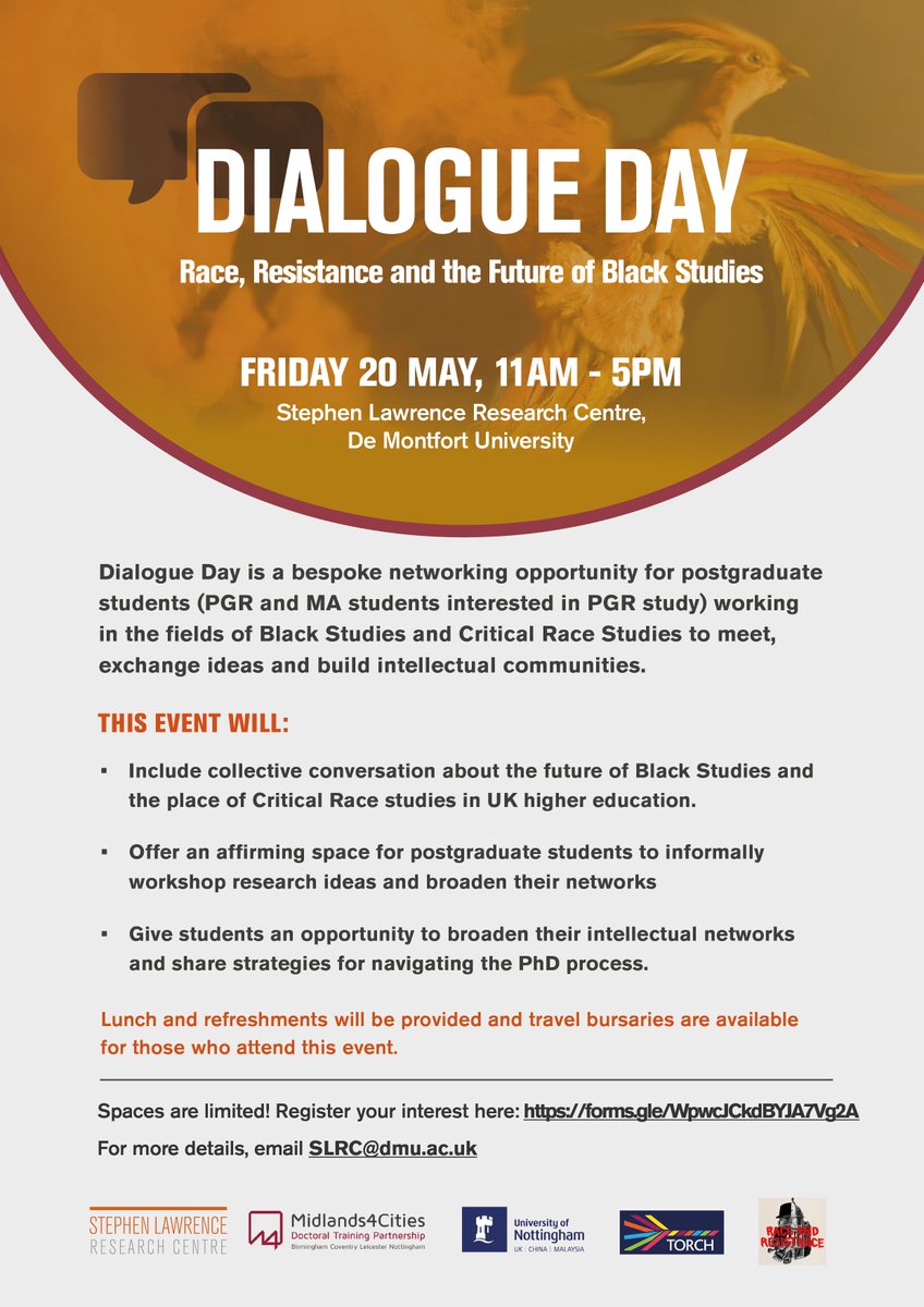 SLRC_DMU's tweet photo. Calling all postgraduate students working in the field of Black Studies &amp; Critical Race studies to be a part of #DialogueDay next week to network, exchange ideas and participate in a special workshop from @KGuilaine!

📅Fri 20 May, 11AM-5PM
Register here 👉https://t.co/31V1nQnvQb https://t.co/HktAdWhbuk