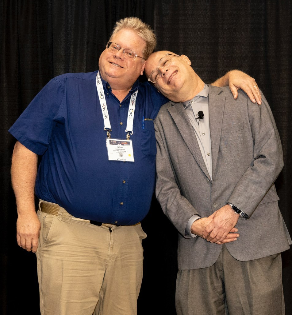 GlobalElecAssn's tweet photo. Making it clear how much more fun it is to discuss #IPCstandards in person, IPC Hall of Famer Doug Pauls, Collins Aerospace, and IPC’s Dave Bergman, VP, Standards and Technology, meet up at #IPCSummerCom in Milwaukee. @WICenterMKE https://t.co/7yKkKZqiza