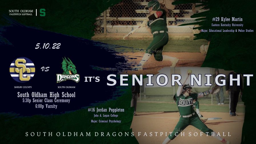 sohssoftball's tweet photo. SENIOR NIGHT ‼️
🆚 Shelby County
📍 South Oldham High School
🕒 Senior Ceremony 5:30pm | Varsity 6:00pm
💵 $7 Online | $8 Gate
https://t.co/x2pH771U1x
@poppletonjordan @KyleeMartin29 @SOHSDragons @OldhamEraSports @j_michaud_photo @SCHSRockets #GoSouth https://t.co/YmVo44QwkI