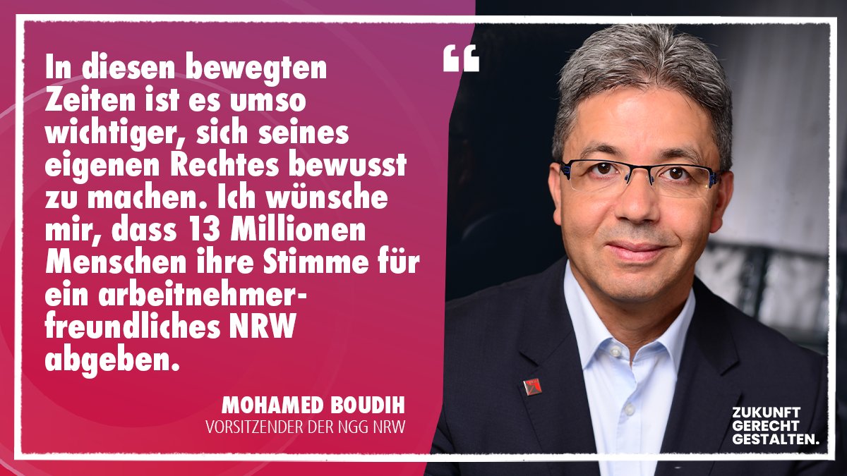 Noch 4 Tage bis zur #LandtagswahlNRW. Die Gewerkschaften stehen für Toleranz, Vielfalt &amp; Zusammenhalt &amp; wenden sich entschieden gegen jeden Versuch, die Gesellschaft zu spalten. Deshalb: Wählt demokratisch! Gebt Extremismus, Rassismus &amp; Ausgrenzung keine Chance! <a href="/Mohamed_Boudih/">Mohamed Boudih</a>