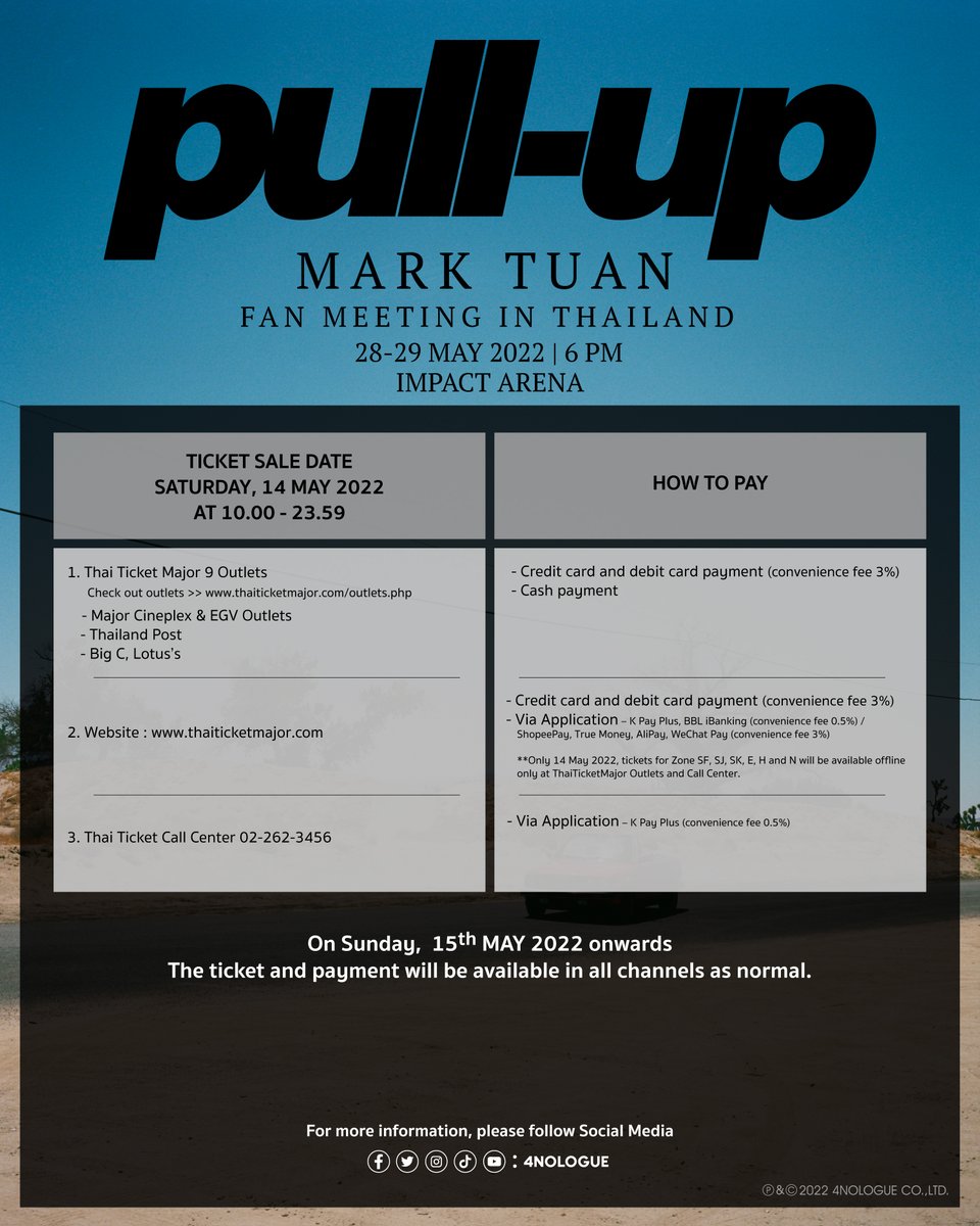 4NOLOGUE's tweet photo. วิธีการชำระเงินในการซื้อบัตร
"PULL-UP" MARK TUAN FAN MEETING IN THAILAND
ในวันที่ 14 พฤษภาคม 2565 เวลา 10.00 น.

ซื้อบัตรได้ทาง : https://t.co/21dzXTKpfY
รายละเอียดเพิ่มเติม : https://t.co/VSnmuFiLQ0

#PULLUPwithMarkTuan
#MarkTuan
#4NOLOGUExDNA
#4NOLOGUE https://t.co/B4YmnVjtZp